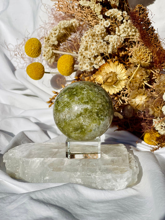 Peridot With Blue Calcite Sphere