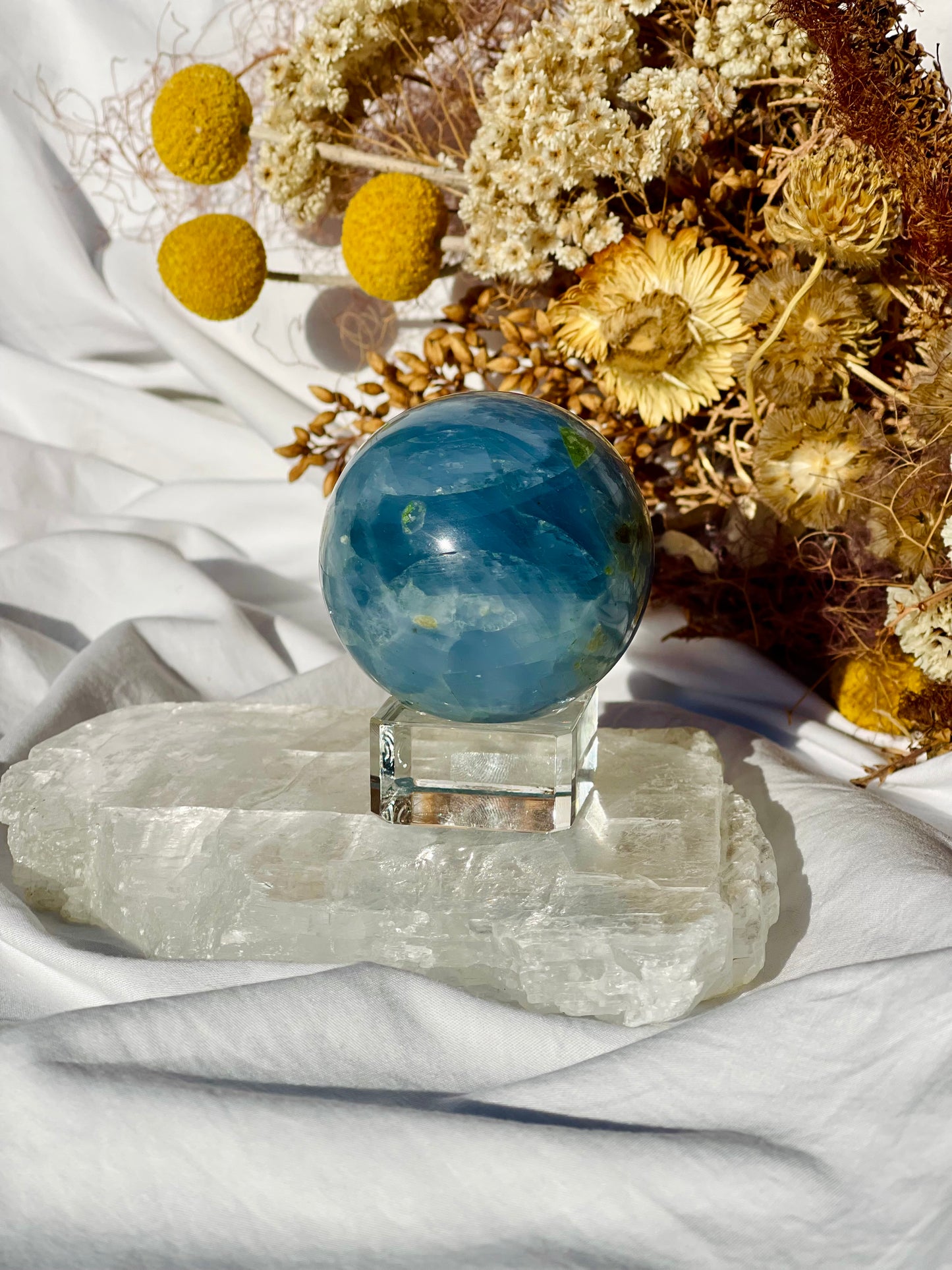 Blue Calcite With Peridot Sphere