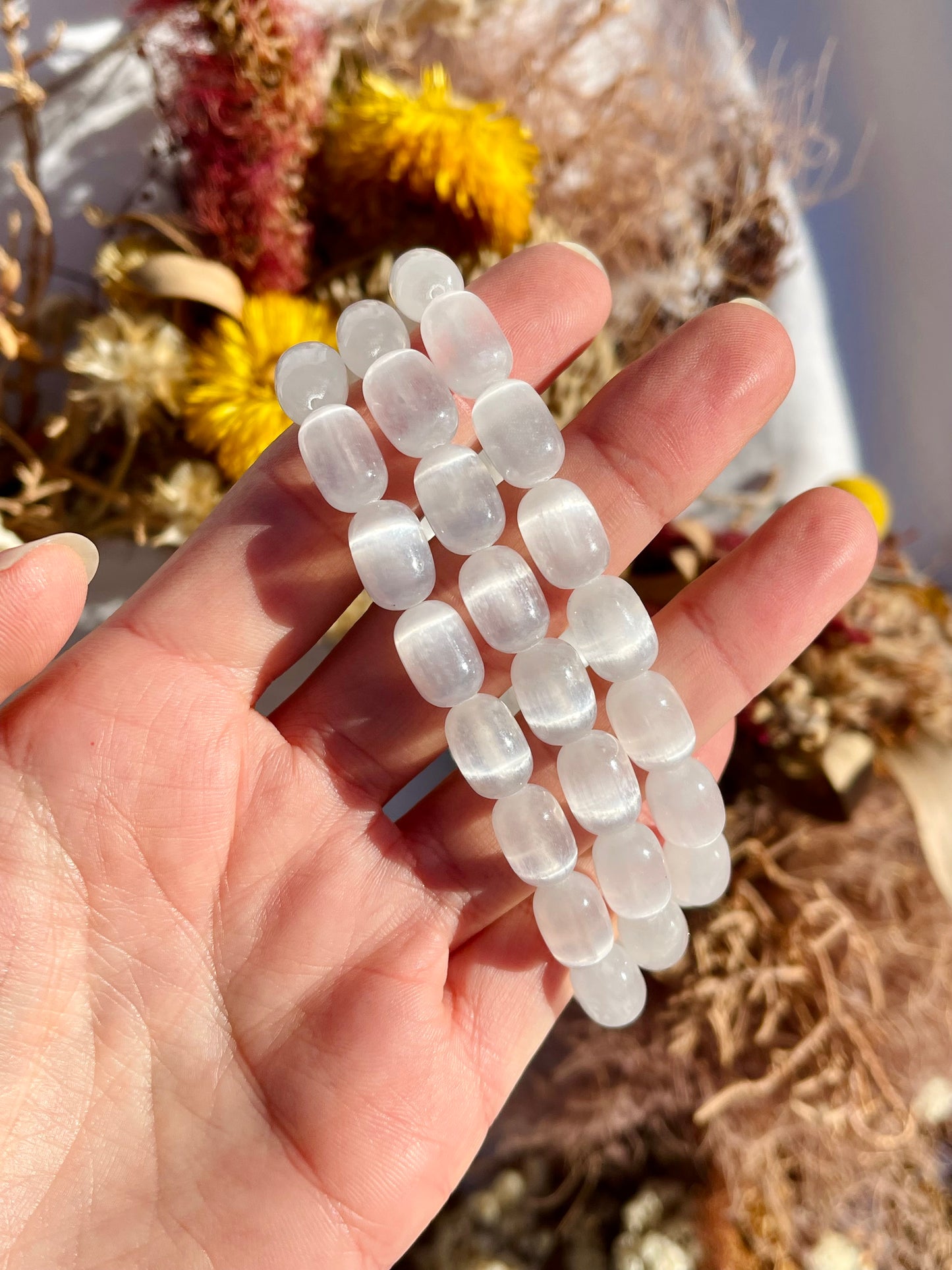 Selenite Barrel Bead Bracelet