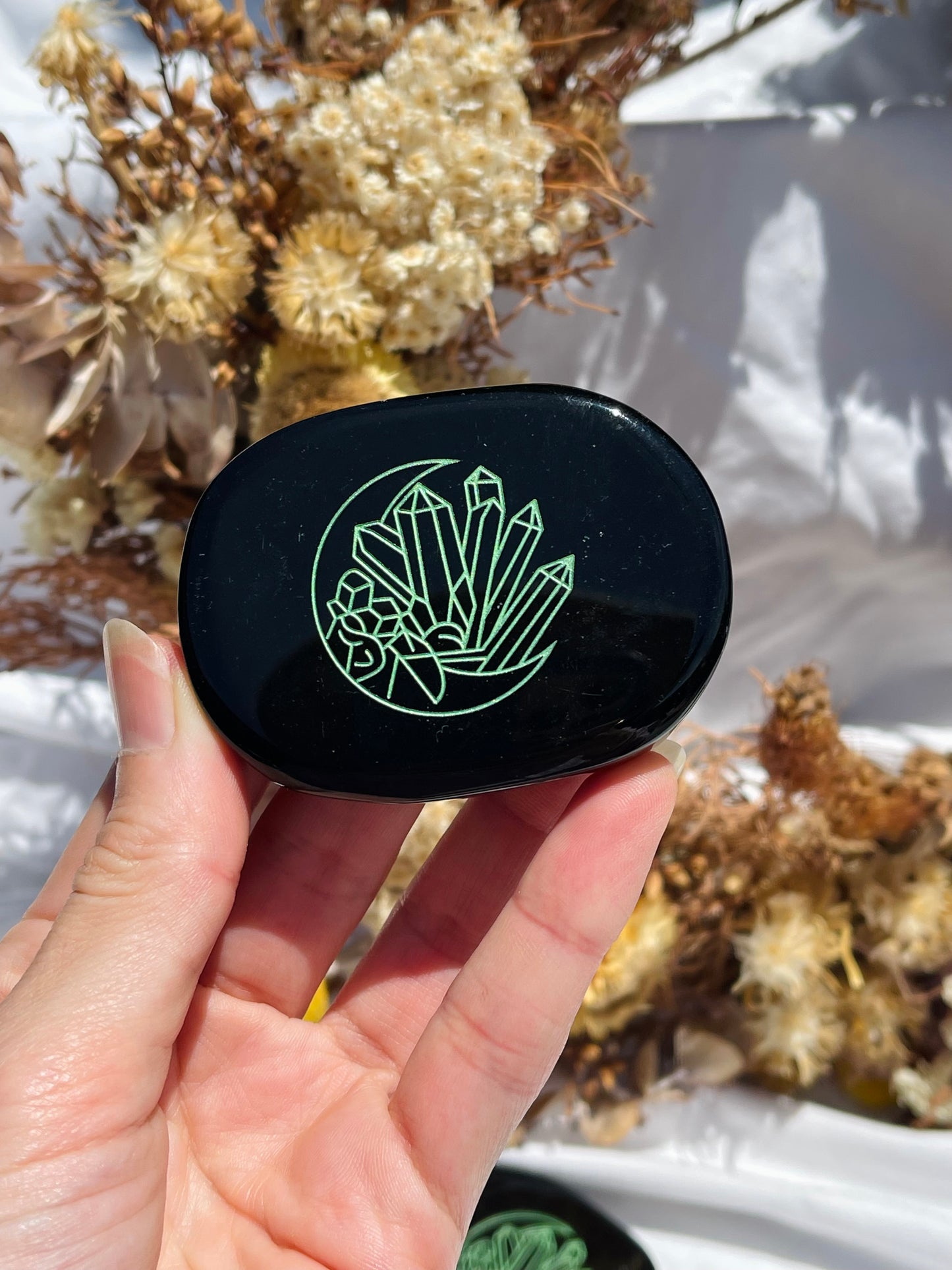 Obsidian Green Etched Crystals Palm Stone