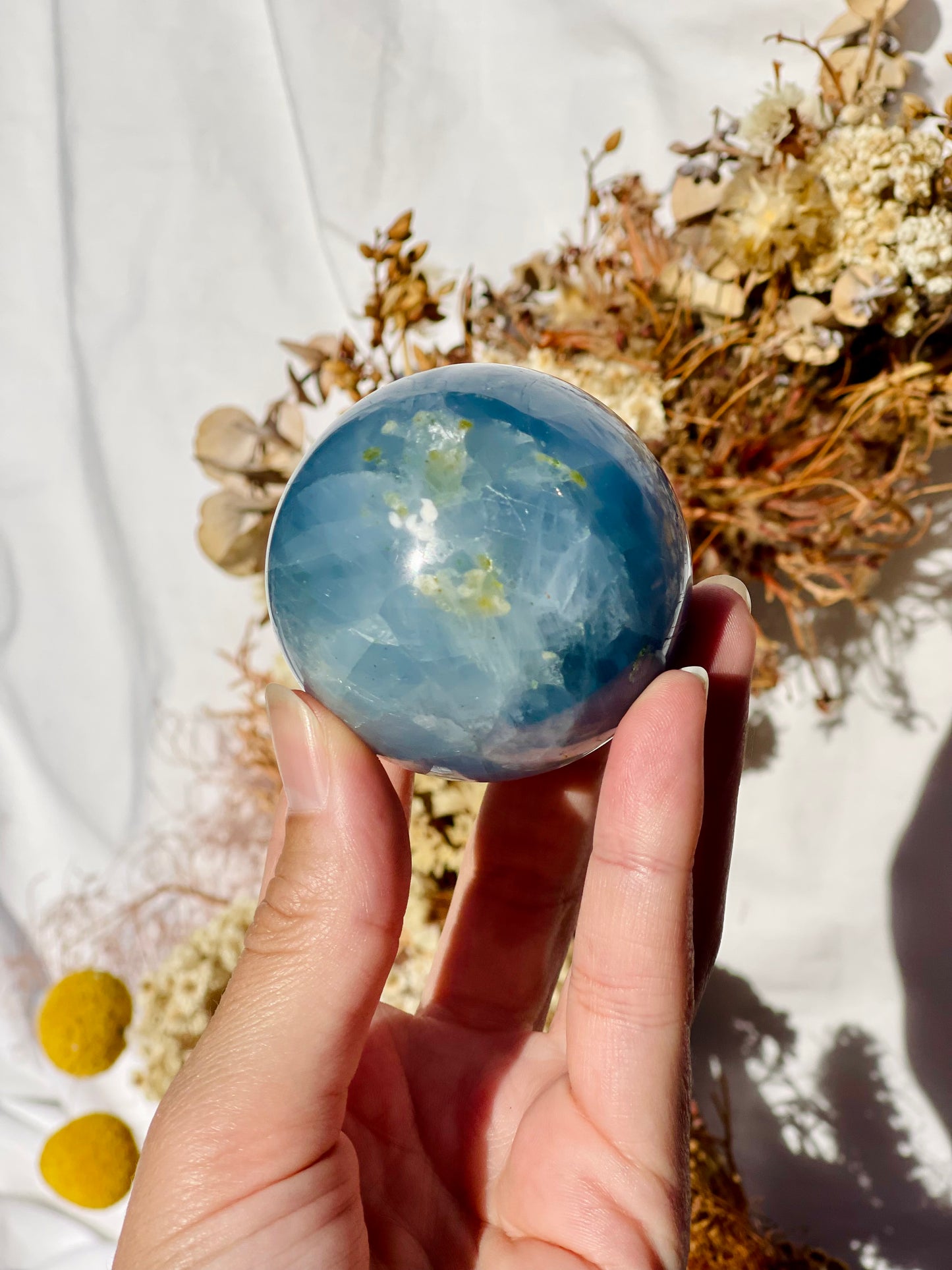 Blue Calcite With Peridot Sphere