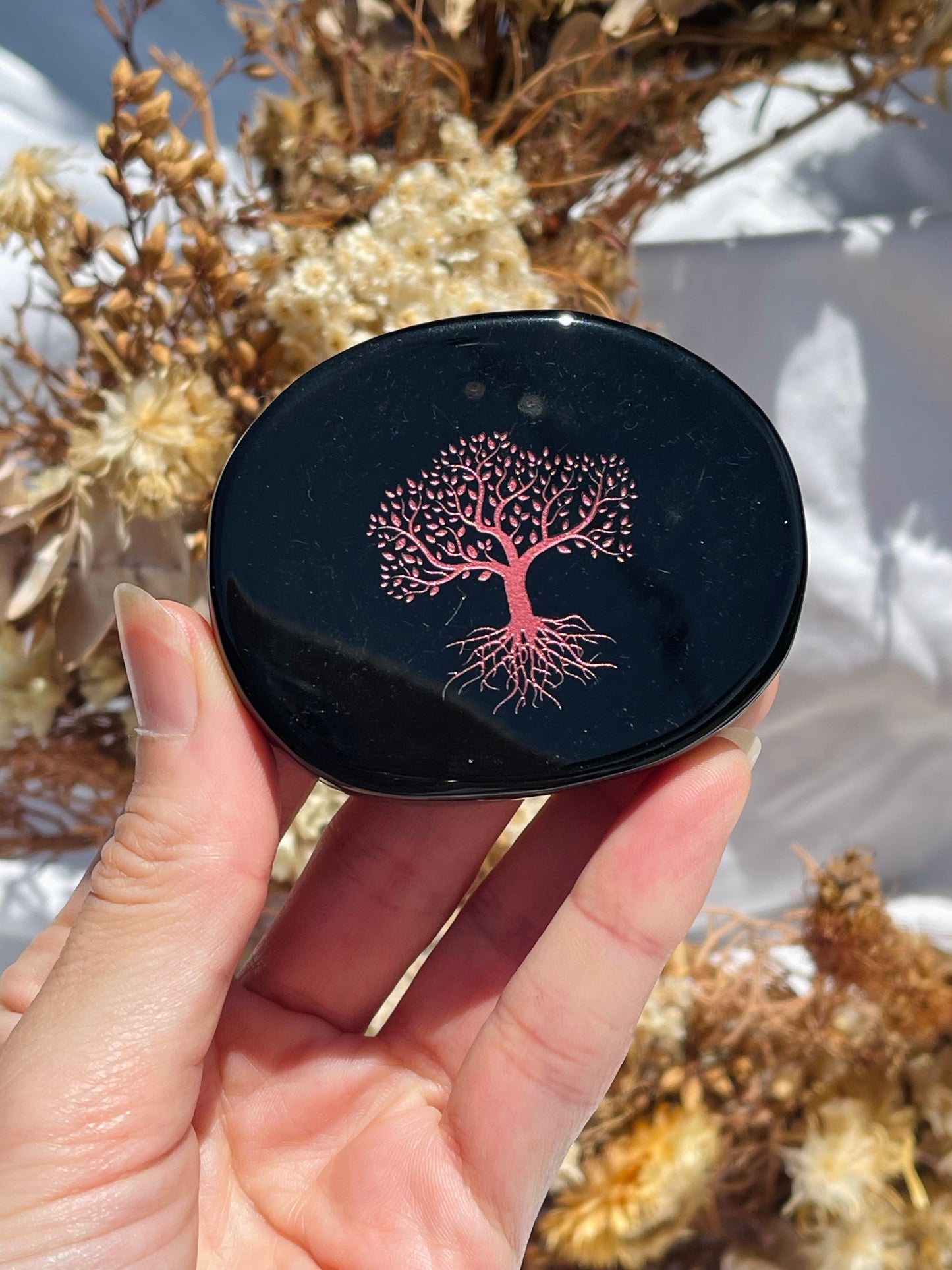 Obsidian Pink Etched Tree Of Life Palm Stone