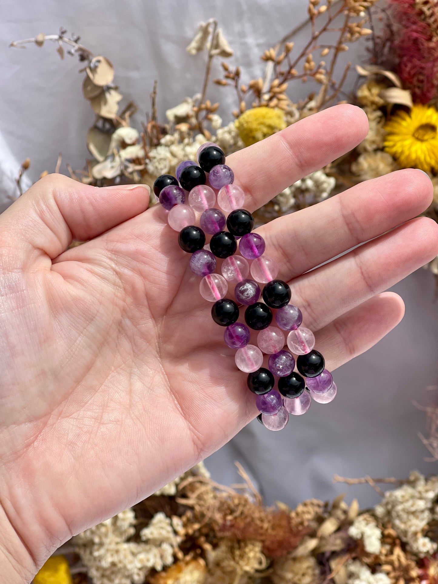 Mixed Bracelet | Amethyst, Black Obsidian, Rose Quartz