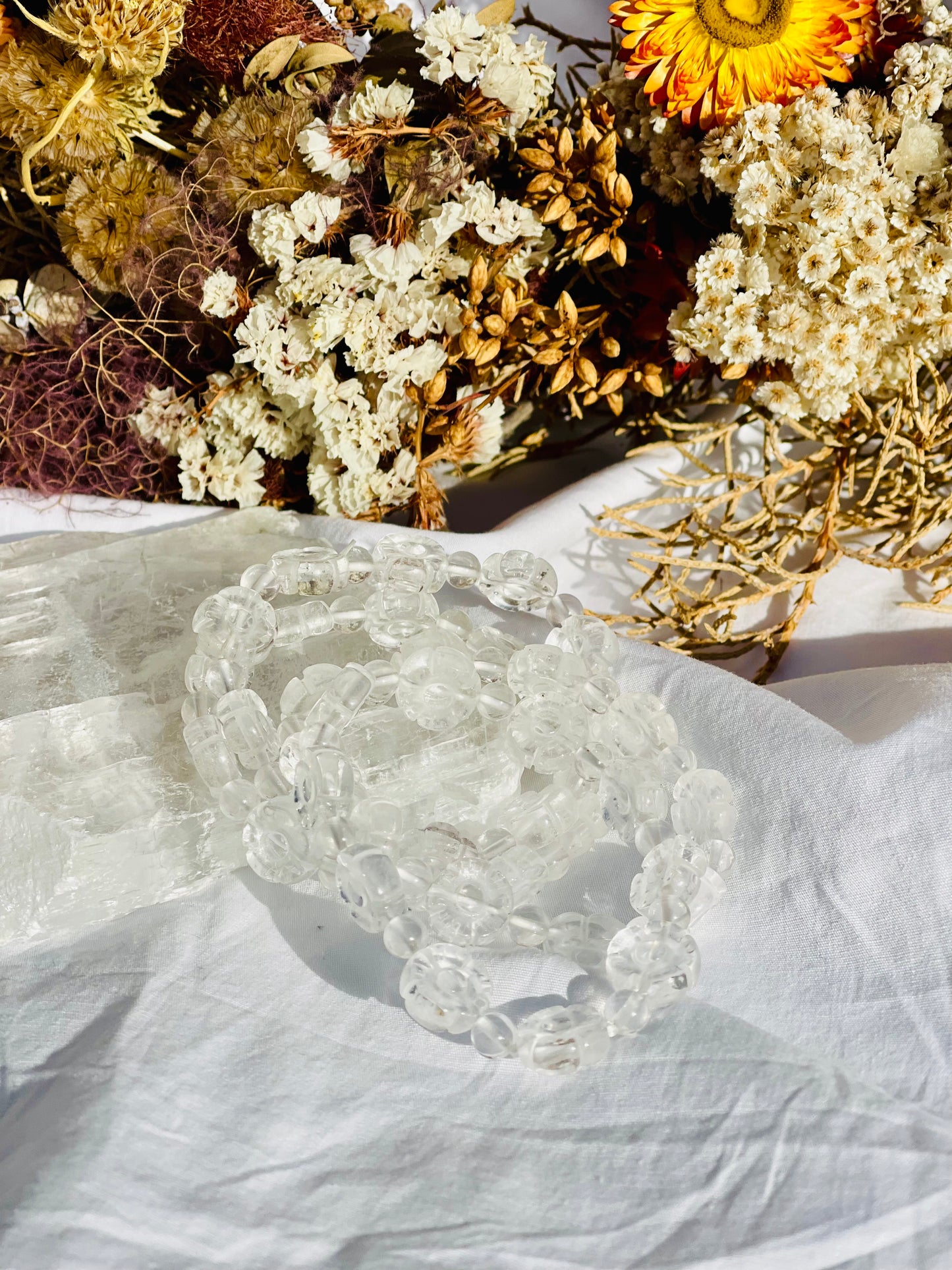 Clear Quartz Flower Bead Bracelet