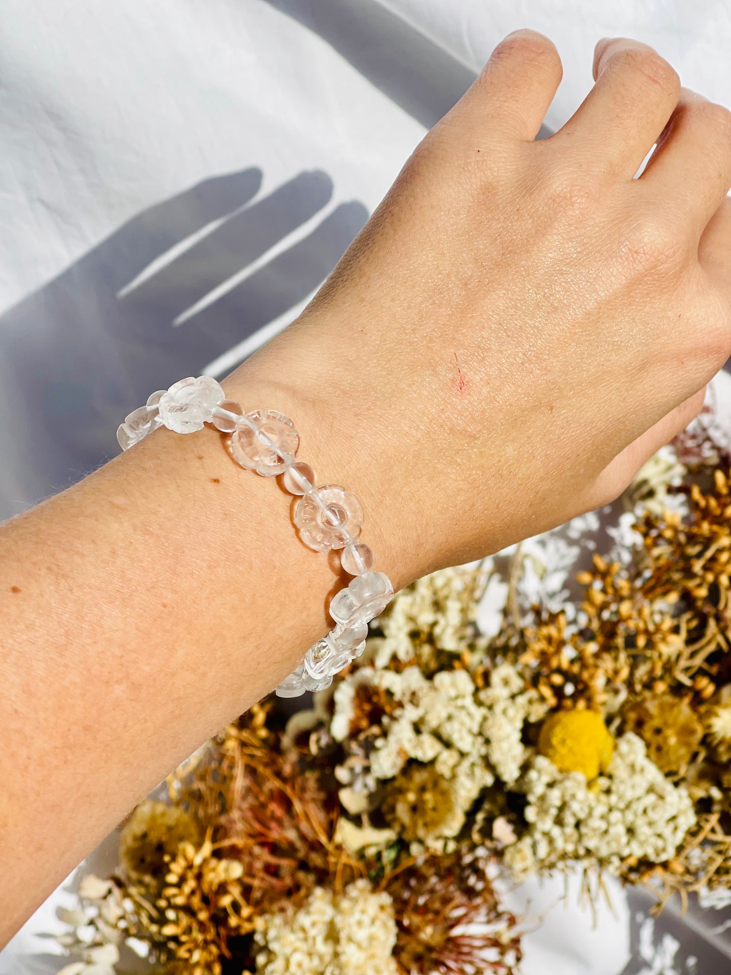 Clear Quartz Flower Bead Bracelet