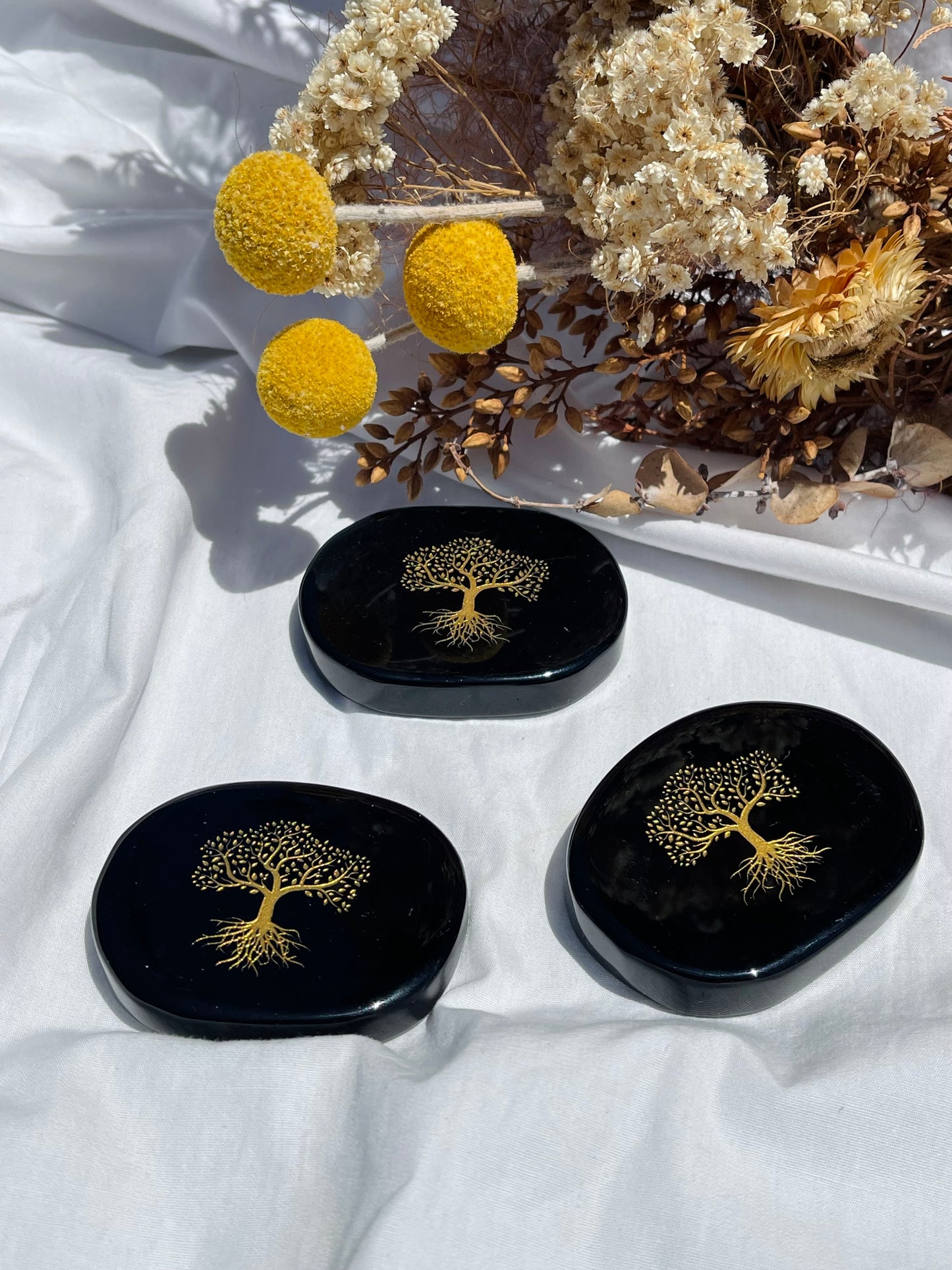 Obsidian Gold Etched Tree Of Life Palm Stone