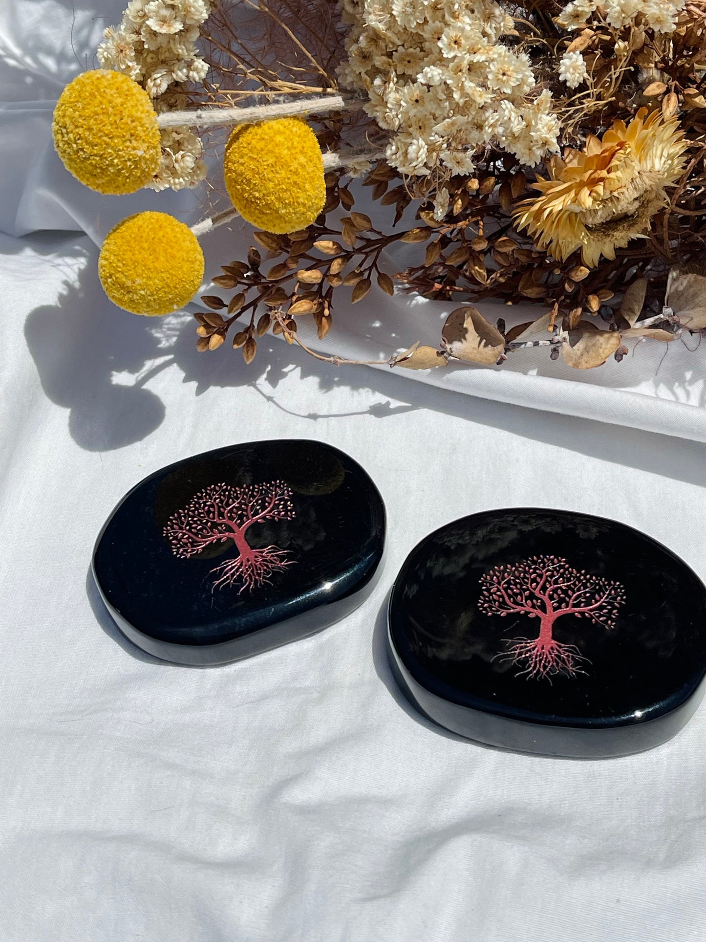 Obsidian Pink Etched Tree Of Life Palm Stone