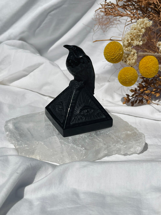 Black Obsidian Evil Eye Pyramid With Crow