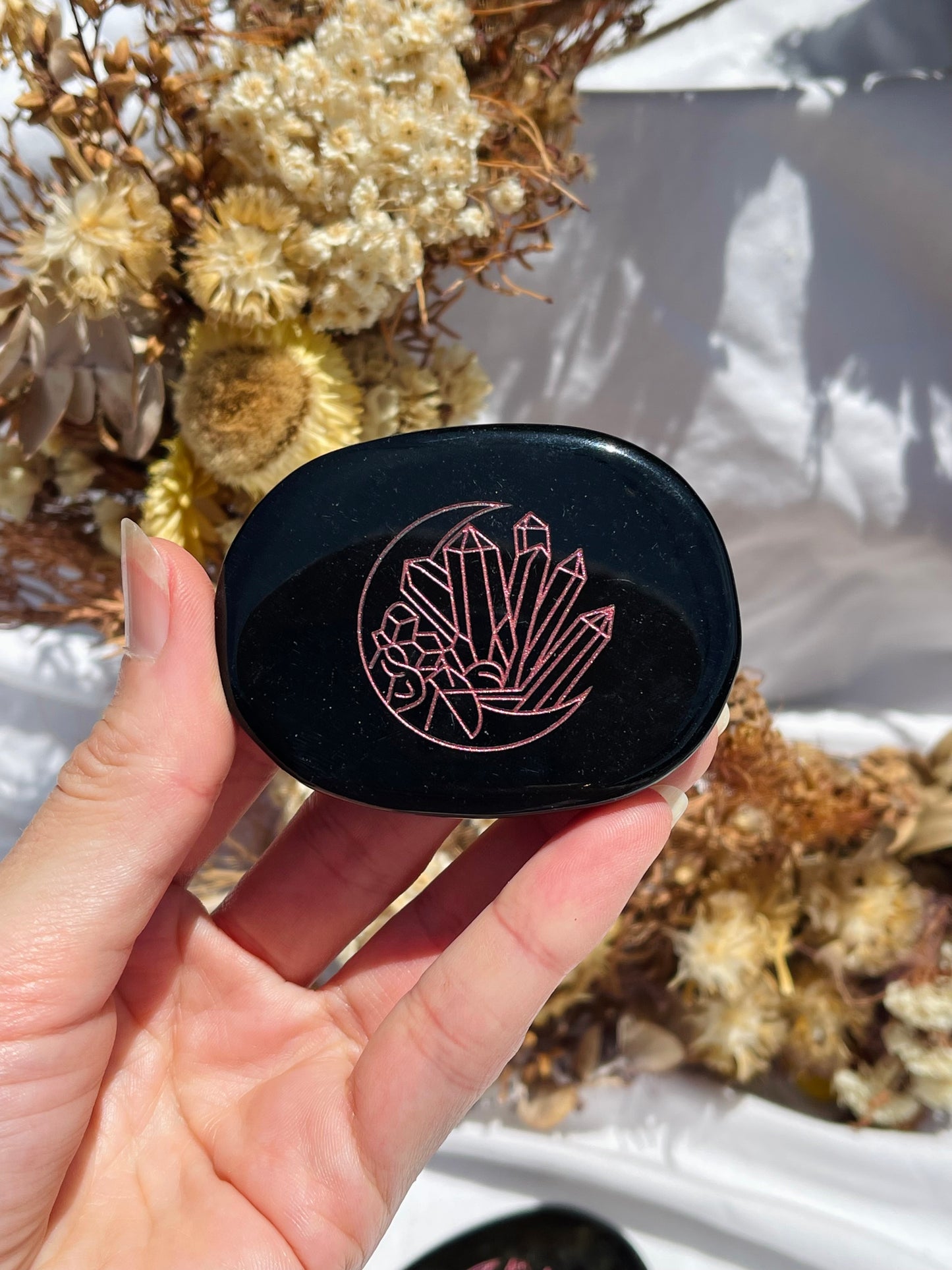 Obsidian Pink Etched Crystals Palm Stone