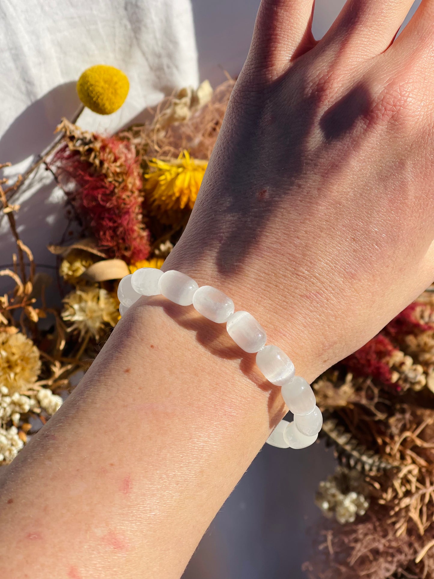 Selenite Barrel Bead Bracelet