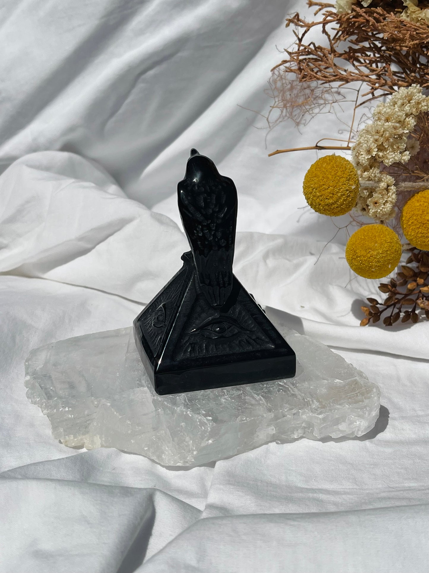 Black Obsidian Evil Eye Pyramid With Crow