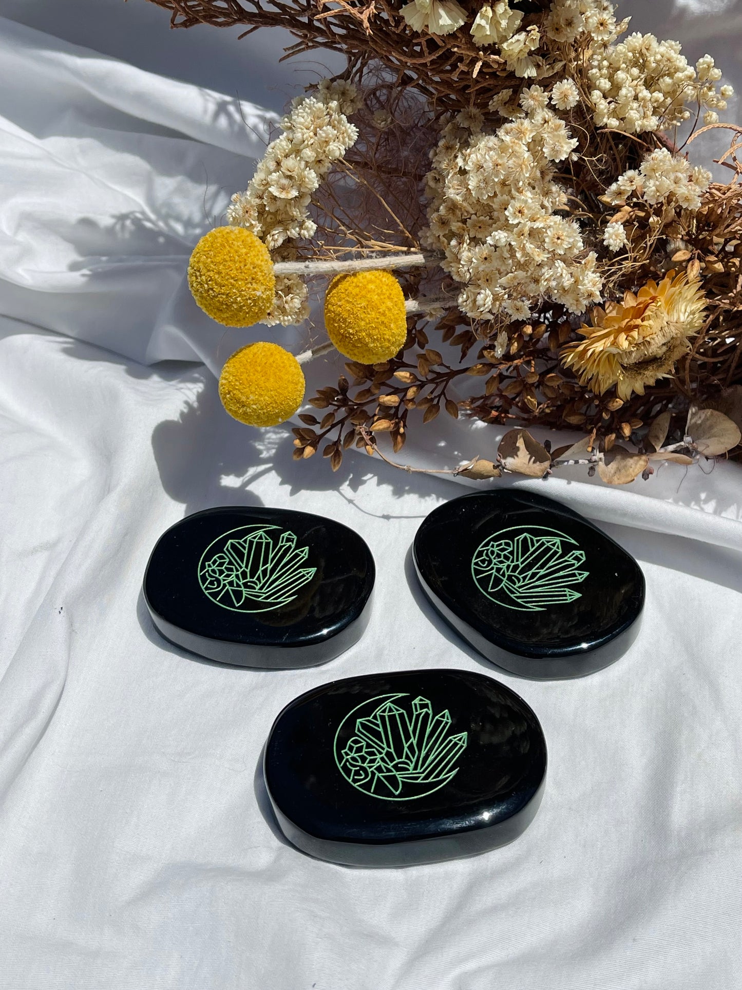 Obsidian Green Etched Crystals Palm Stone