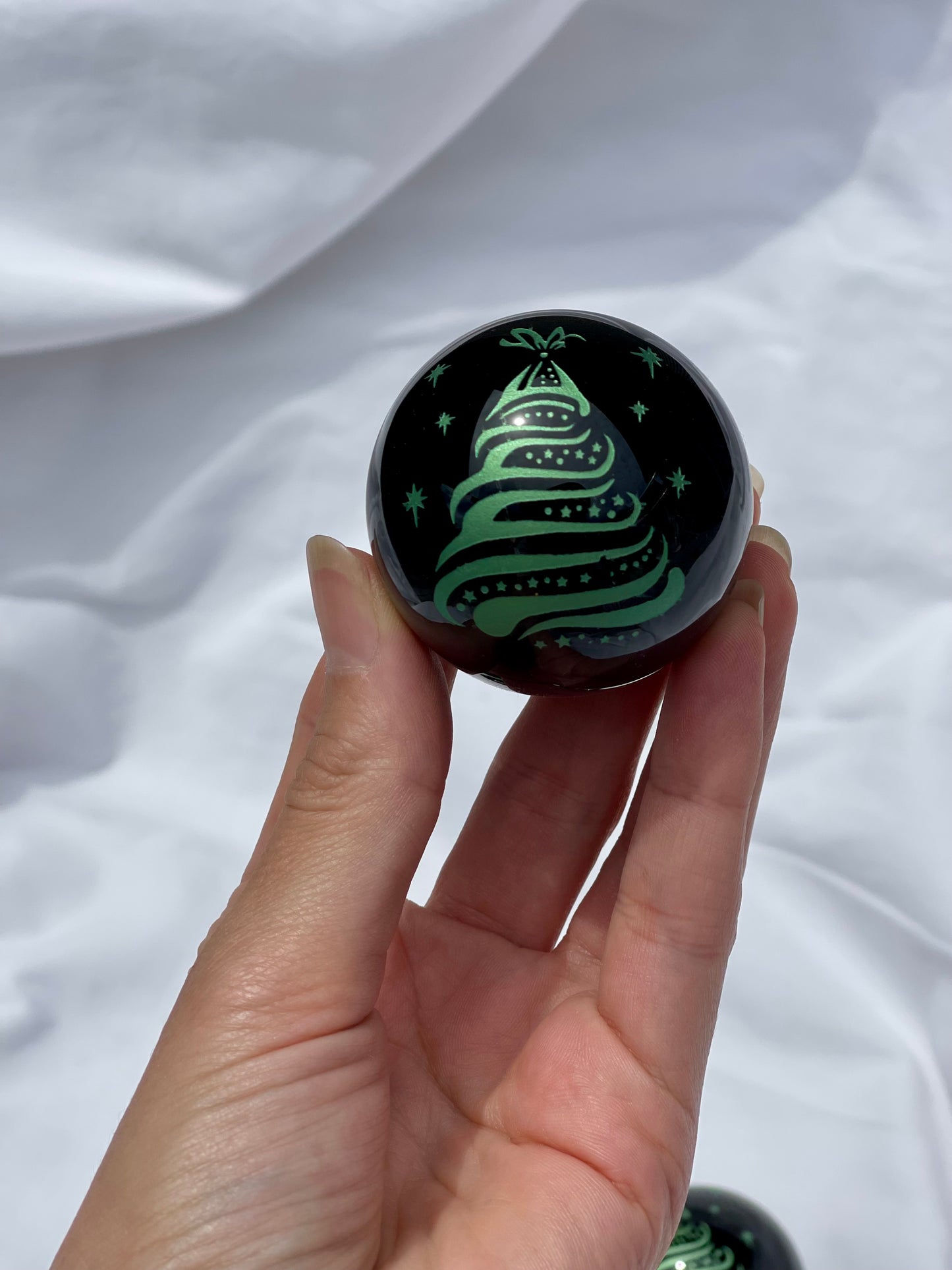 Green Christmas Tree Etched Obsidian Sphere