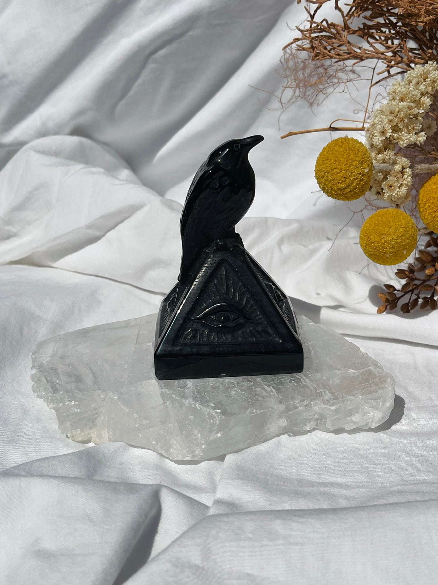 Black Obsidian Evil Eye Pyramid With Crow