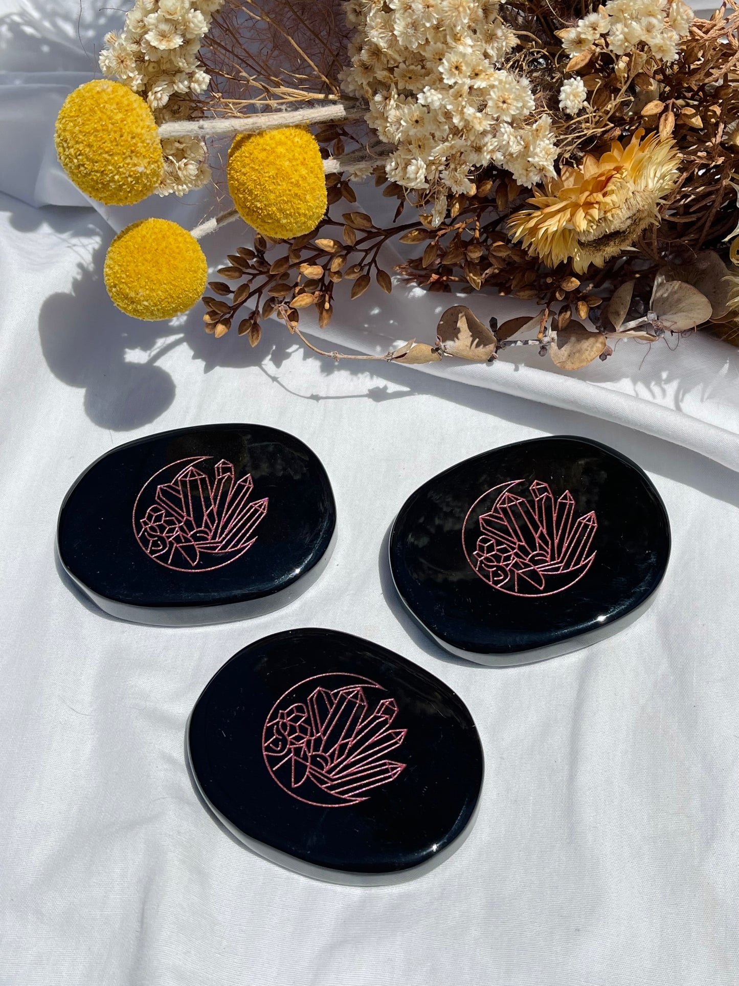 Obsidian Pink Etched Crystals Palm Stone