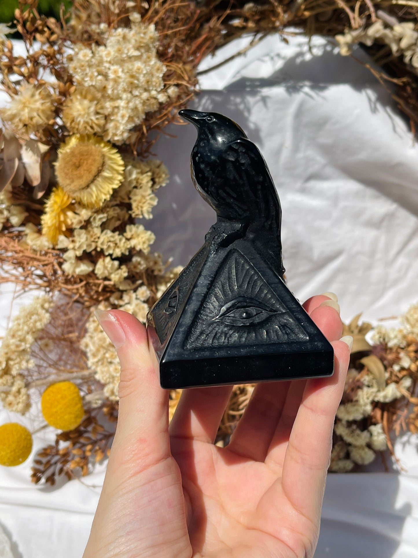Black Obsidian Evil Eye Pyramid With Crow