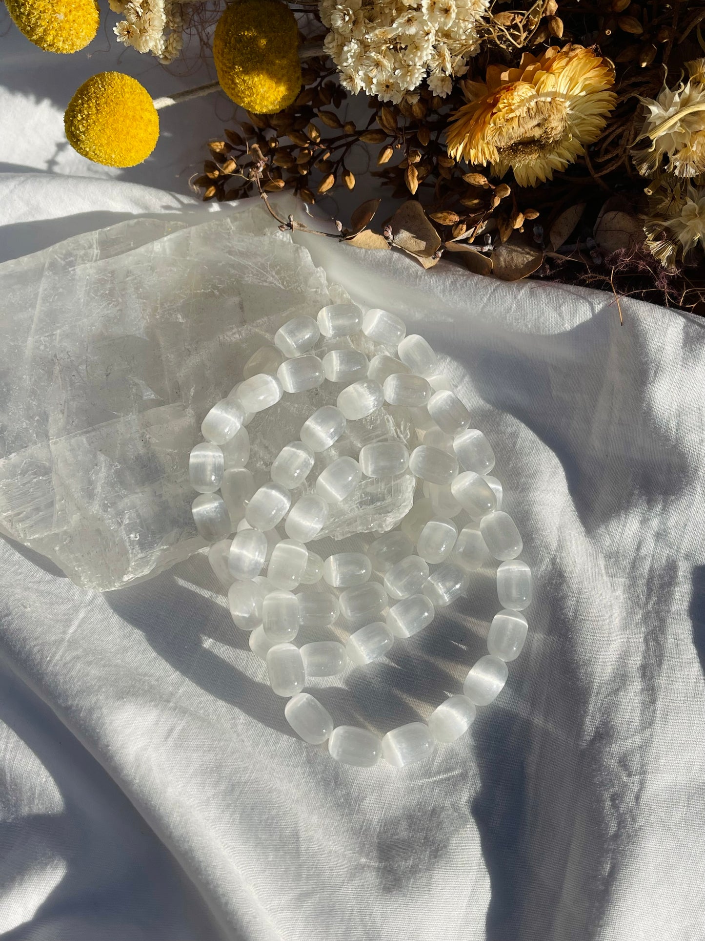 Selenite Barrel Bead Bracelet