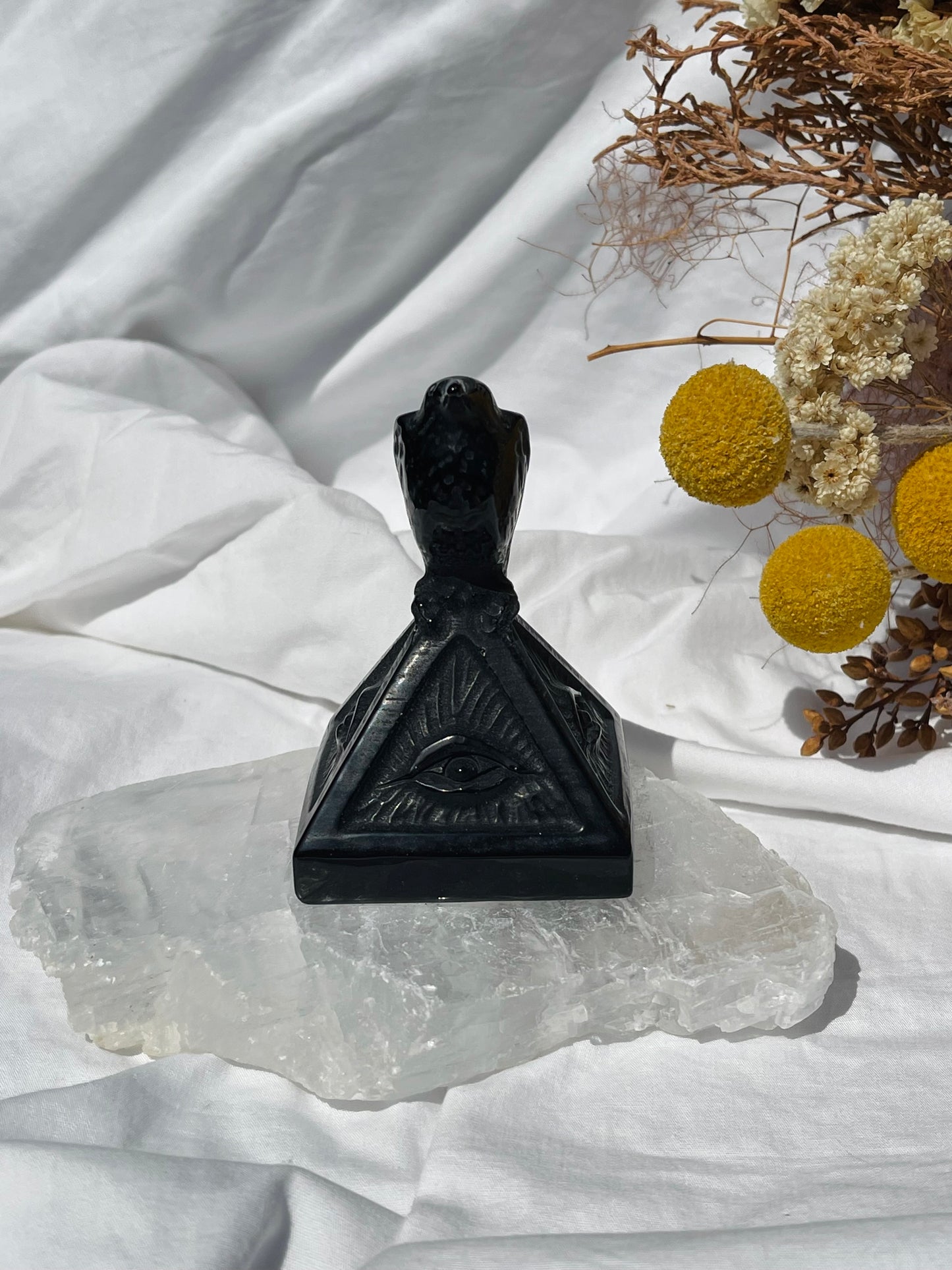 Black Obsidian Evil Eye Pyramid With Crow