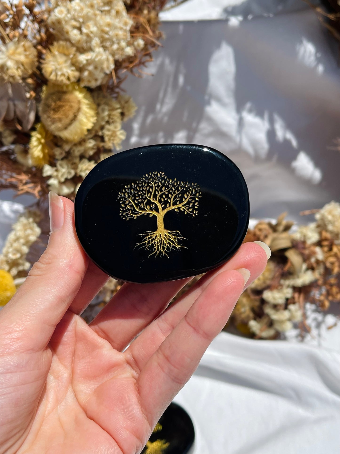 Obsidian Gold Etched Tree Of Life Palm Stone