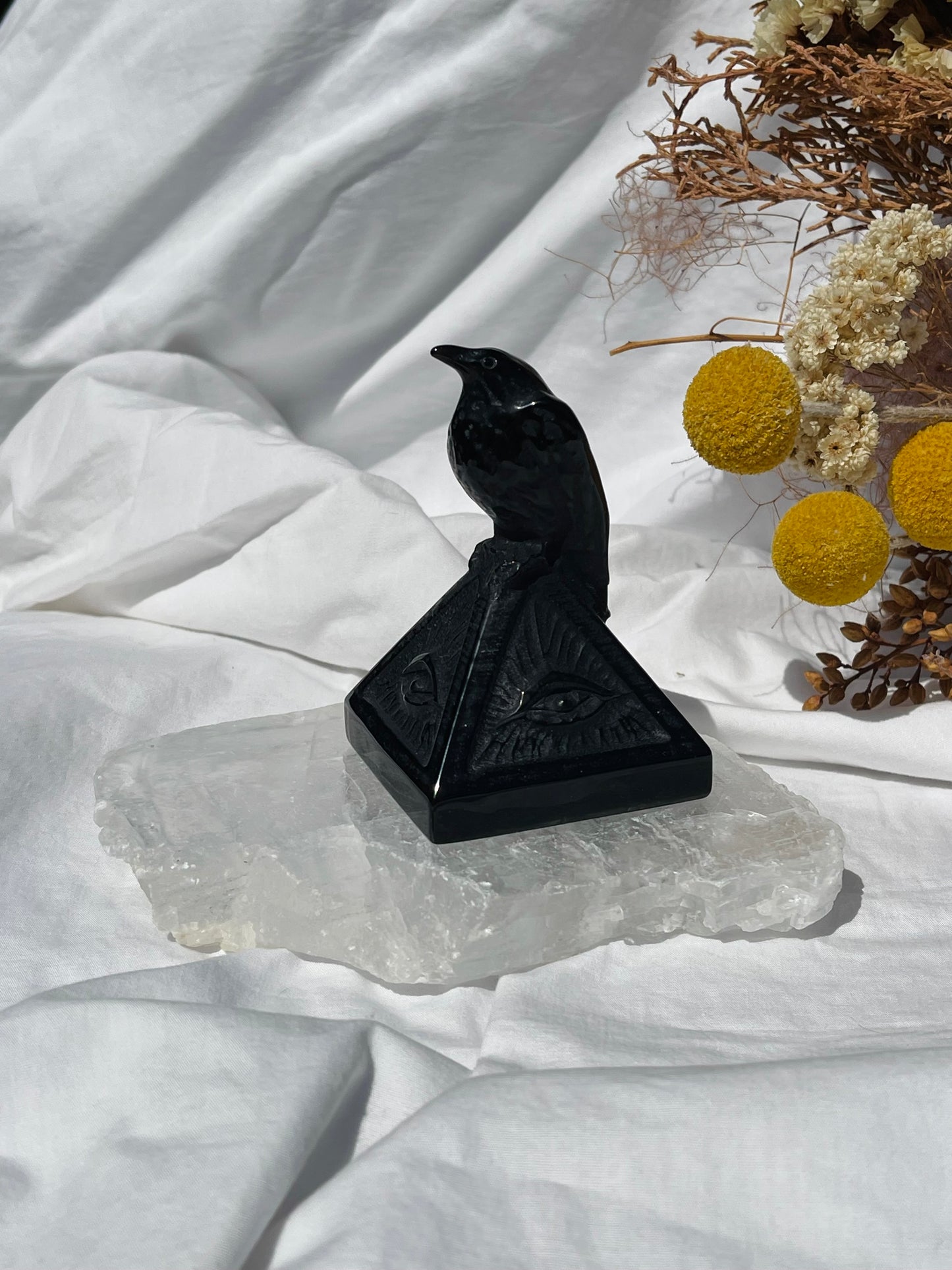 Black Obsidian Evil Eye Pyramid With Crow