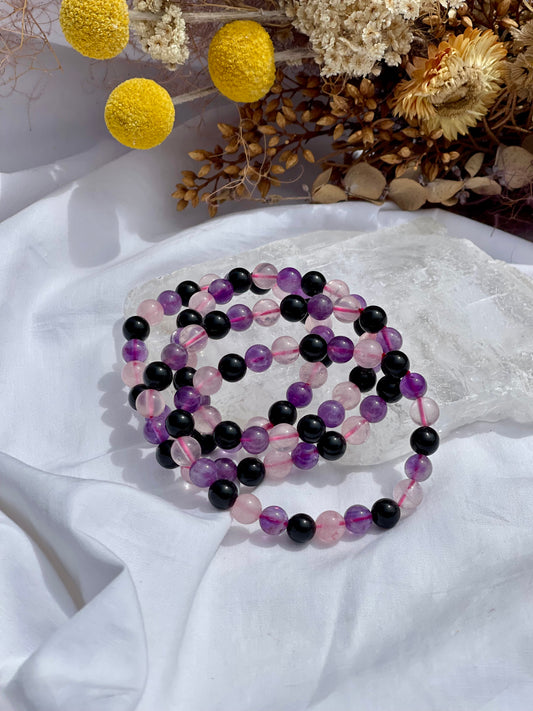 Mixed Bracelet | Amethyst, Black Obsidian, Rose Quartz