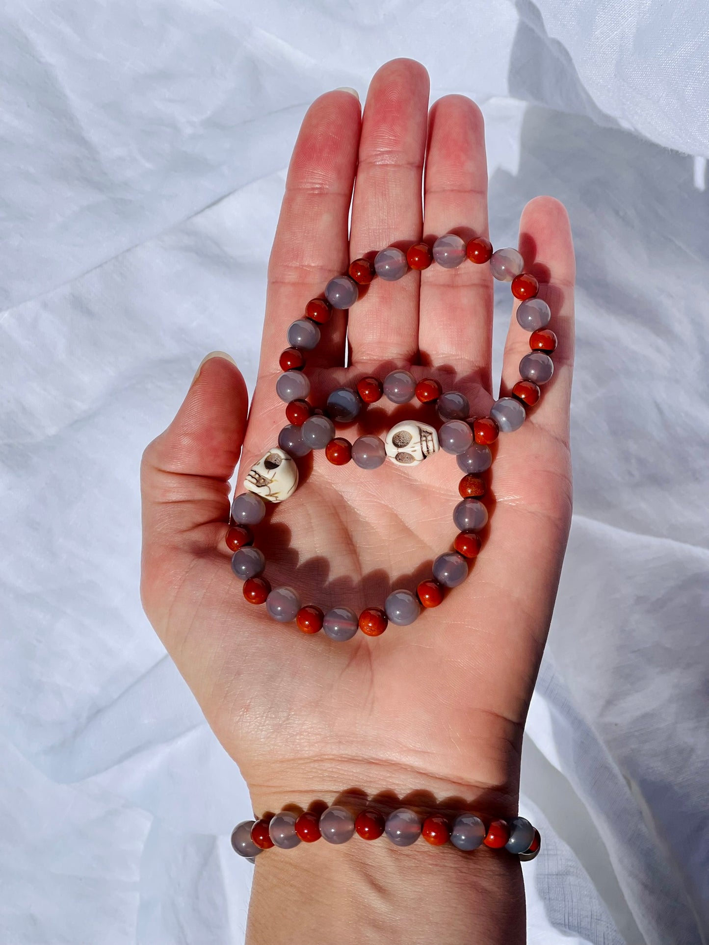 Agate + Red Jasper Bracelet With Skull