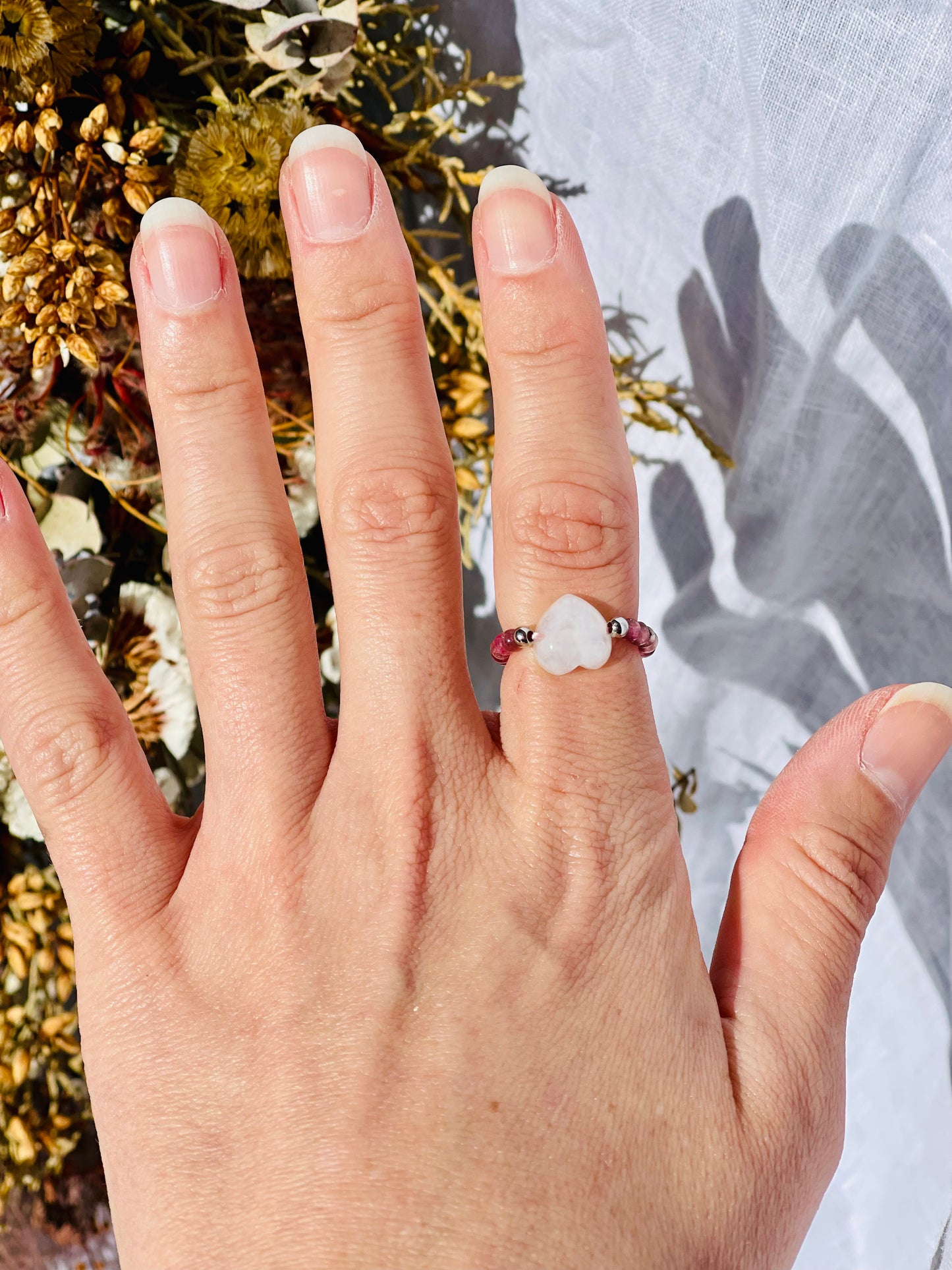 Strawberry Quartz With Moonstone Heart Ring